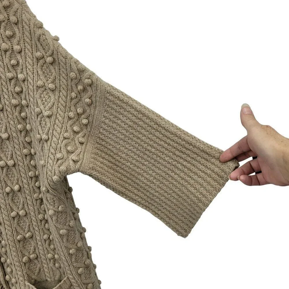 Vintage 70's Faconnable cardigan sweater wool‎ long 3D knobby granny core tan S